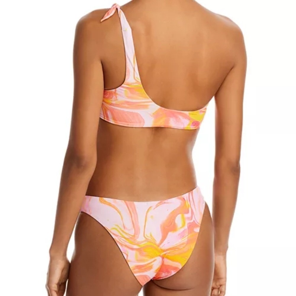 AQUA Pink Orange White Swirl One Shoulder Bikini Top Bottom Set Medium - Picture 7 of 8